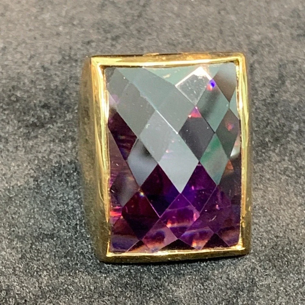 Gold Tone Purple Checkerboard Facet Statement Cocktail Ring Size 9.25